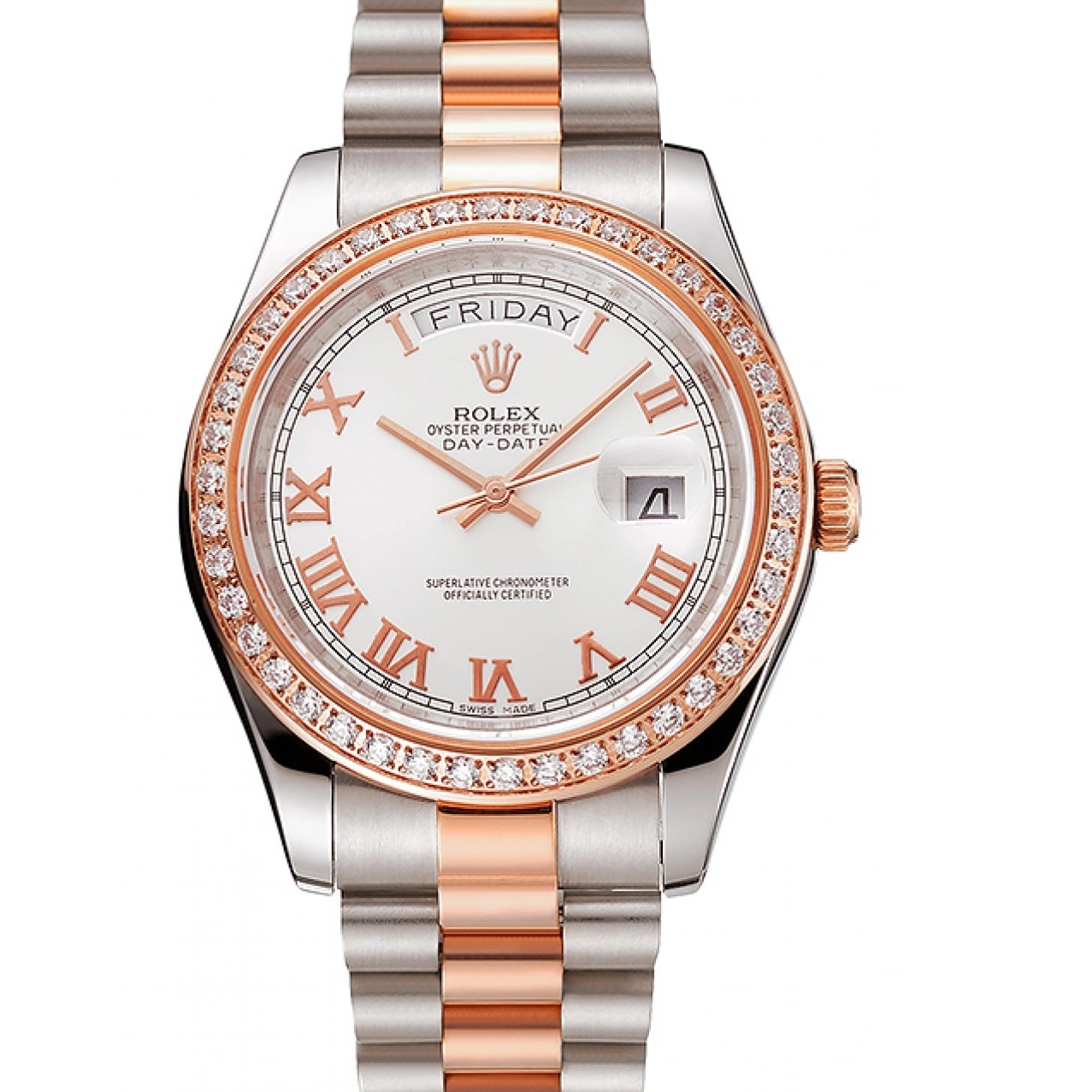 MiroTime 0817 Swiss Rolex Day-Date Diamonds Bezel White Dial Rose Gold And Staineless Steel Bracelet 1454108